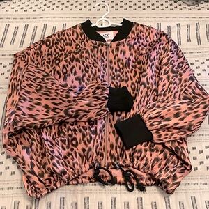 Pink animal print bomber jacket.